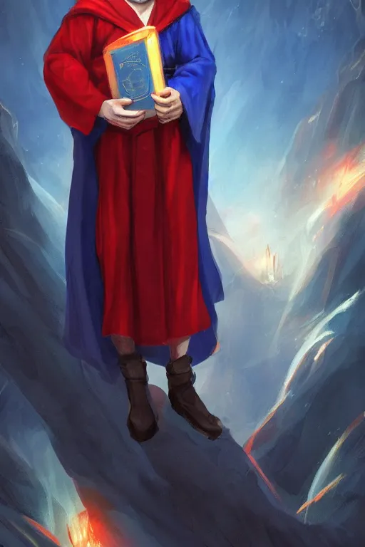 Prompt: Picture of handsome young wizard, Red and blue robes, short dark blue hair, book in hand, no hat, casting pose, artstationHQ, artstationHD, trending in artstation, gelbooru, high fantasy, matte painting, colorful