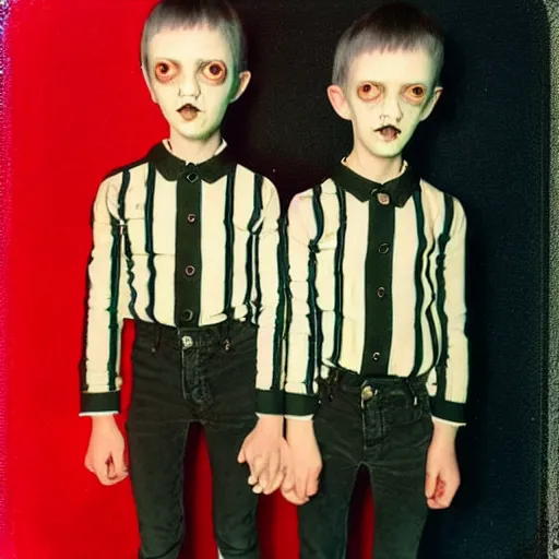 Image similar to polaroid photo :: creepy twin boys wearing striped clothes, black background:: by Martine Johanna and Simon Stålenhag and Chie Yoshii and Casey Weldon and Guillermo del toro :: ornate, dynamic, particulate, intricate, elegant, highly detailed, centered, artstation, smooth, sharp focus, octane render, 3d