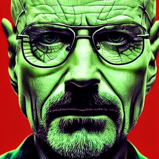 Image similar to close up still of walter white seeing the matrix code, highly detailed face, highly detailed skin, award winning scene, photography, photo, beautiful glitching green matrix code