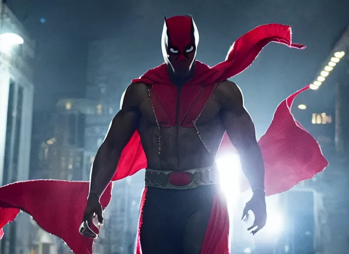 Image similar to film still of michael b jordan as spawn in the new spawn movie, giant chains, large cape, 8 k