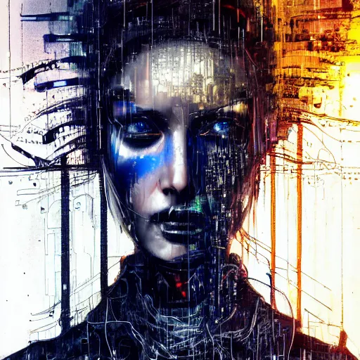 Prompt: woman from blade runner joi, beautiful sexy woman head made of mech mask rendered in unreal engine, cyberpunk, dark, scifi, dark cyberntic wires and vessels coming from core processor, contrast, painted by david burliuk | bernard buffet | carne griffiths | stanislaw lem
