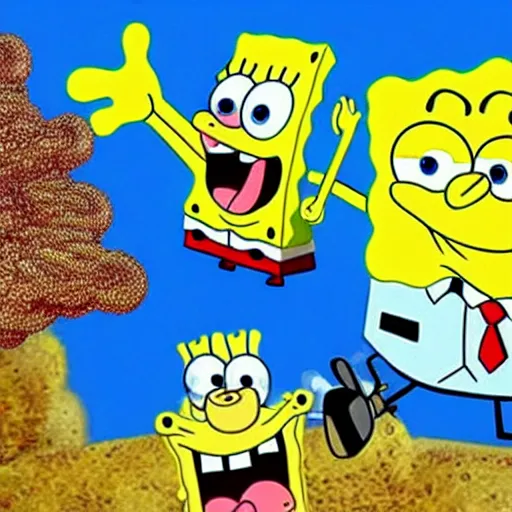 Prompt: spongebob declares world war iii in the style of salvador dali