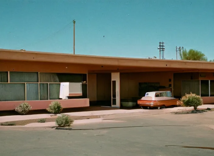 Prompt: a midcentury modern motel in tuscon arizona in the year 1 9 6 7