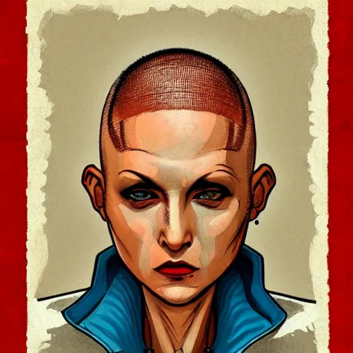 Image similar to intricate portrait, pure skin, bald, short blue hair, in the style of enki bilal!