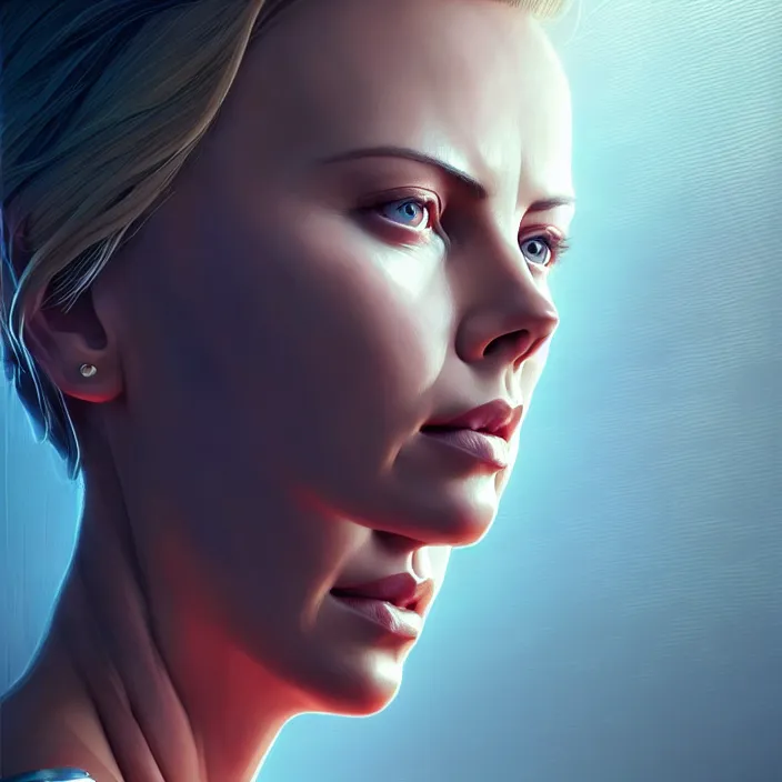 Prompt: portrait of charlize theron as a nurse. intricate abstract. intricate artwork. by tooth wu, wlop, beeple, dan mumford. octane render, trending on artstation, greg rutkowski very coherent symmetrical artwork. cinematic, hyper realism, high detail, octane render, 8 k, iridescent accents