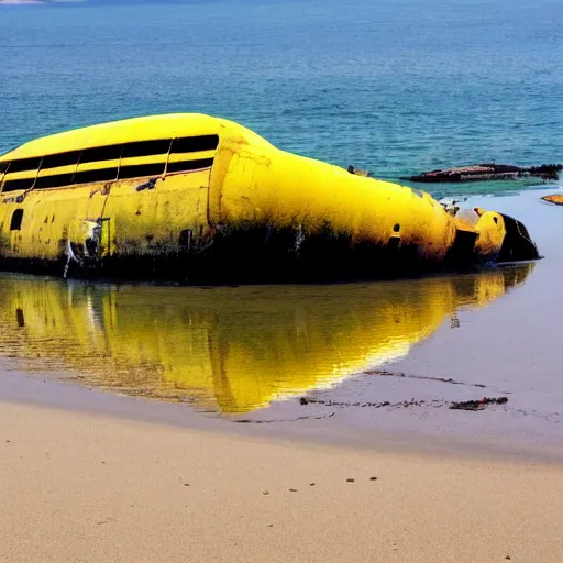 Prompt: a derlict yellow submarine lying wrecked on an abandoned beach shoreline