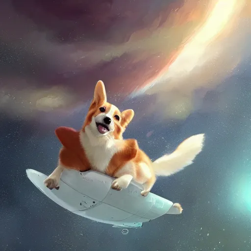 Prompt: hyperrealistic digital painting of a cute corgi puppy floating in outer space, extremely lifelike, very detailed, greg rutkowski, artgerm, moebius, ruan jia, makoto shinkai, simon stalenhag, trending on artstation, masterpiece, award - winning, 8 k