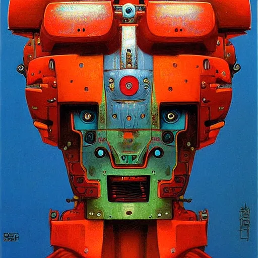 Image similar to portrait of a colourful tribal mecha robot, painting by zdzislaw beksinski,