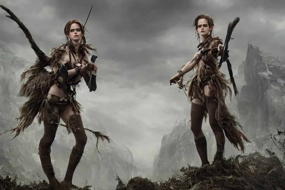 Prompt: A hyperrealistic concept art of a very beautiful Emma Watson as Primal Huntress, stunning massive ornately 3d render inspired art by Renato muccillo and Andreas Rocha and Johanna Rupprecht, natural volumetric lighting, 8k octane beautifully detailed render, post-processing, highly detailed, intricate complexity, epic composition, magical atmosphere, cinematic lighting, masterpiece, trending on artstation