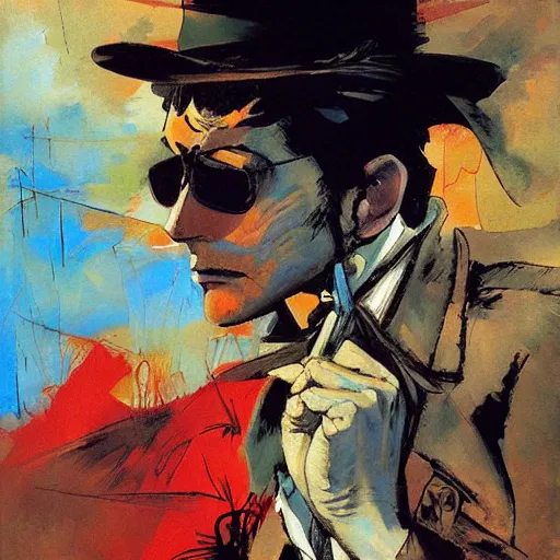 Prompt: corto maltese dreaming about valparaiso and tango, oil on canvas by dave mckean and yoji shinkawa