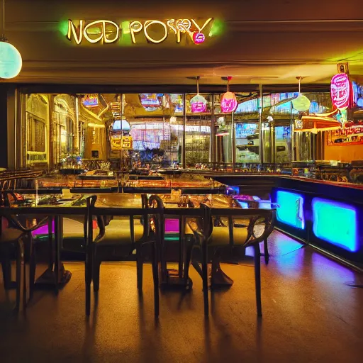 Image similar to wide angle photo of 60‘s retro fancy restaurant interior, neon-decorated urban on night in the city seen through the window,modern interior design, architectural design, vintage, night blade runner, dark, postapocalyptic, clean lines, 4k, octane, colorful ,lunarcore city seen at distance outside, big windows,octane, wide angle