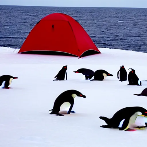 Image similar to a red camping chair in the middle of antarctica. the chair is far away from the camera and the chair is surrounded by a group of penguins.