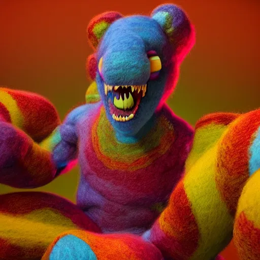 Prompt: a 3D render of a colorful wool monster, highly detailed, warm lighting, unreal engine 5, octane render, artgern, by John Coltrane and Marc Simonetti, Manic, inspired by Greg rutkowski