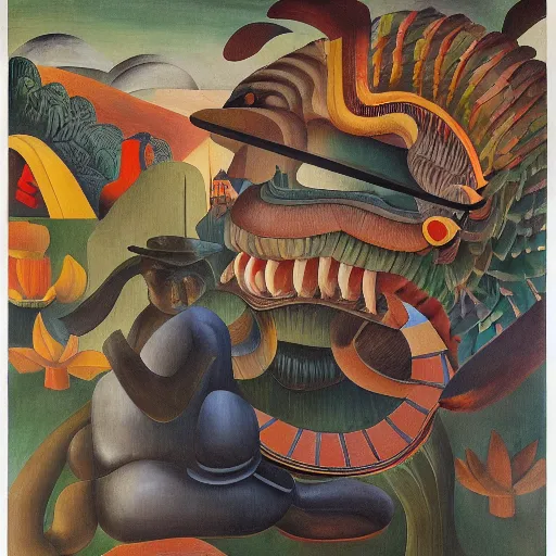 Image similar to high quality, high detail painting, dutch masterpiece, isamu noguchi, film noir, diego rivera, high garden scene with quetzalcoatl at night, hd, muted lighting