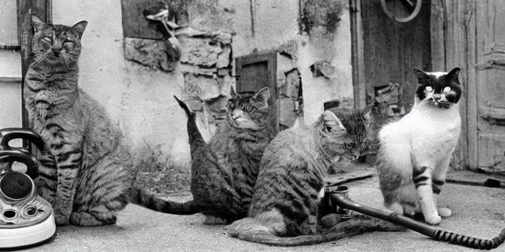 Image similar to stunning old black and white photo of very serious cats have absolutely no idea how to use old rotary telephones and decide to knock them over in frustration, very funny and ironic, humor, film grain 1903