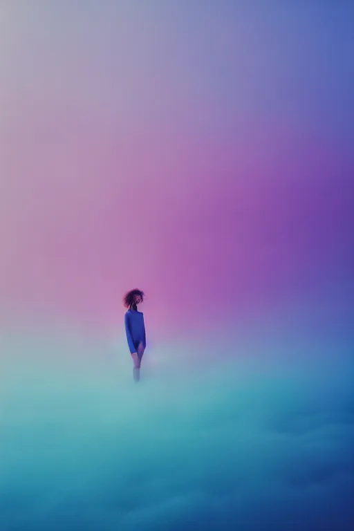 Image similar to high quality pastel coloured film close up wide angle photograph of a model wearing clothing swimming on cloud furniture in a icelandic black rock!! environment in a partially haze filled dreamstate world. three point light, rainbow. photographic production. art directed. pastel colours. volumetric clouds. pastel gradient overlay. waves glitch artefacts. extreme facial clarity. 8 k. filmic.