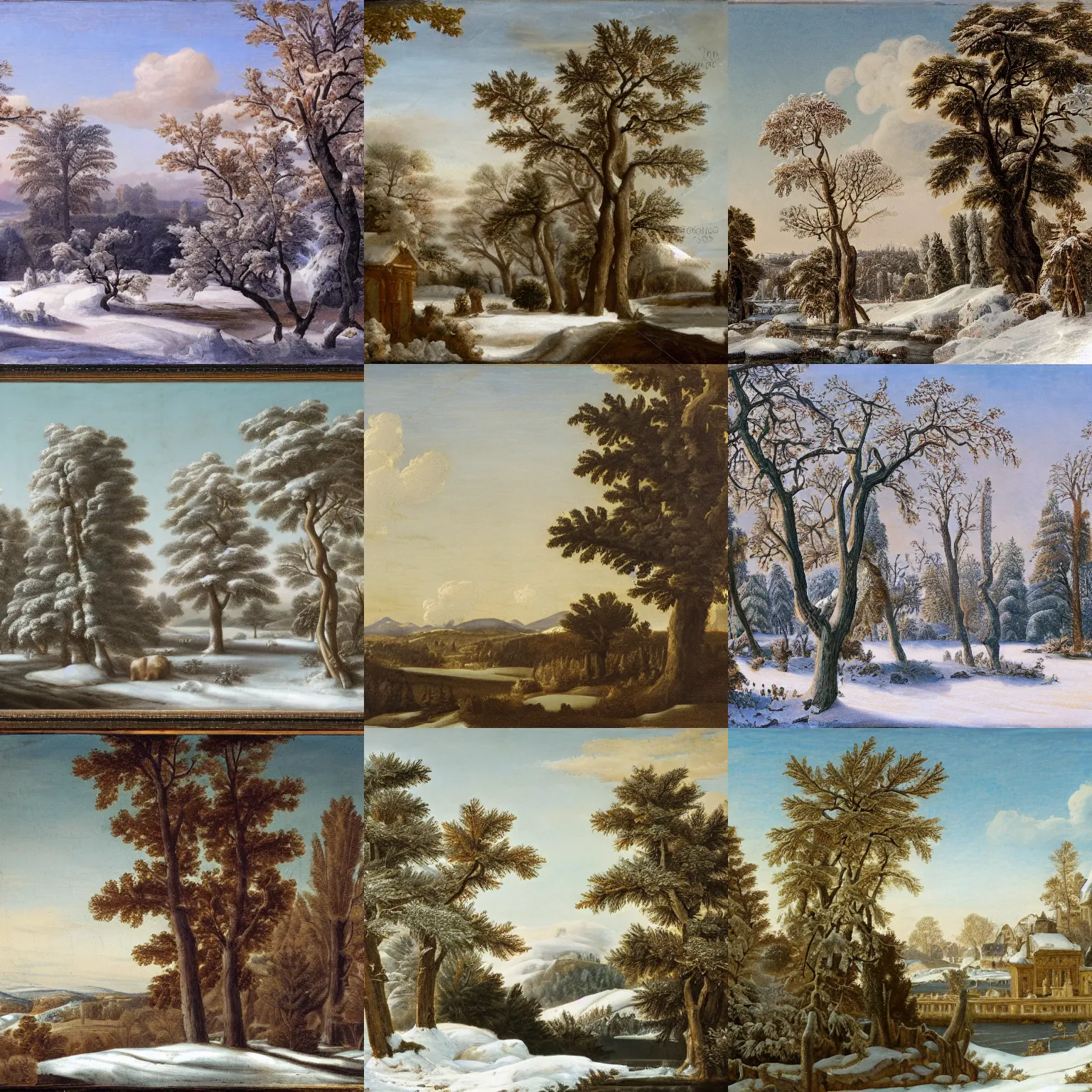 Prompt: a winter landscape with shrubs and trees on a clear day, in baroque style