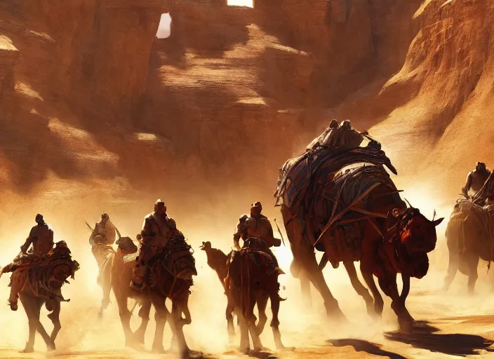 Image similar to the big large expedition with a crowd of adventurers being brought by gigantic mammals carrying stuff towards the desert of duhnes medium shot, key art by craig mullins, bloom, dramatic lighting, cinematic, high details