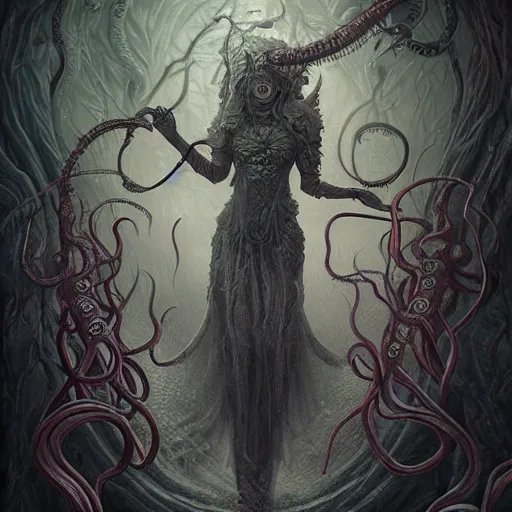 Image similar to curiosities from lovecraft botanical land, soft paint of a single curvy beautiful necromancer of madness and insanity in full mage armor, symmetry accurate features, horror, tentacles, dense volumetric fog, focus, very intricate ultrafine details, gloomy colors, award winning masterpiece, tom bagshaw artstyle