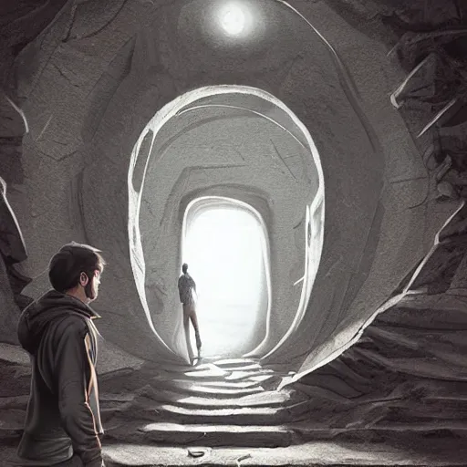 Image similar to a man walking into the portal, concept art, illustration, highly detailed, artwork, cinematic, hyper realistic, art station