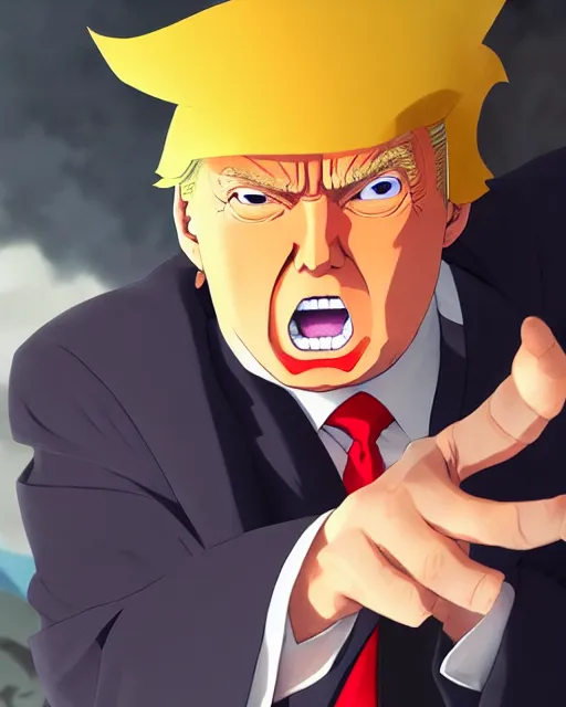 Image similar to donald trump in naruto as a hidden leaf village ninja, medium shot close up, details, sharp focus, illustration, by jordan grimmer and greg rutkowski, trending artstation, pixiv, digital art