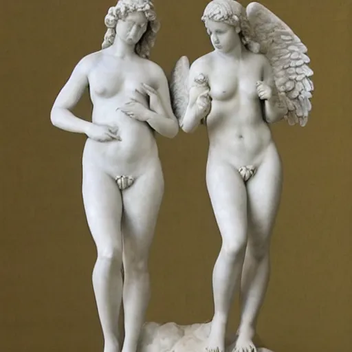 Prompt: sculpture of the angels venus and aphrodite, full body, hyperrealistic style in carrara marble