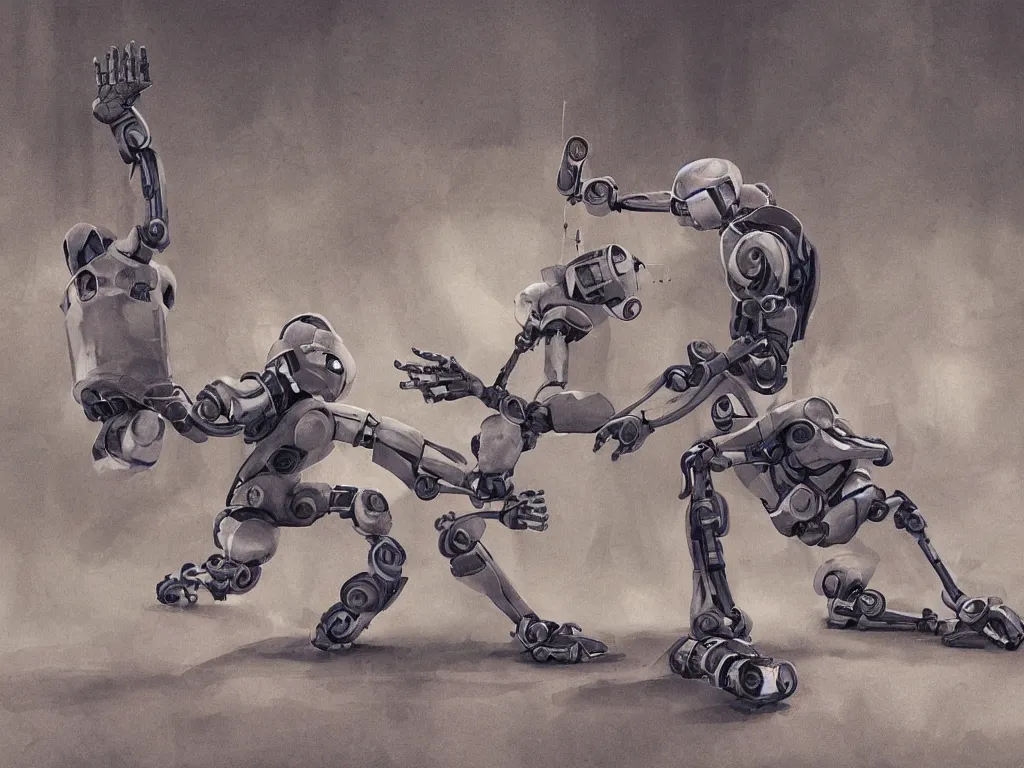 Prompt: a robot is killing a man, by martina fackova.