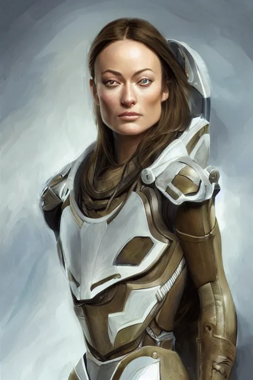 Image similar to a professional painting of a young Olivia Wilde, clothes in military armor, olive skin, long dark hair, beautiful bone structure, symmetrical facial features, intricate, elegant, digital painting, concept art, smooth, sharp focus, illustration, from StarCraft by Ruan Jia and Mandy Jurgens and Artgerm and William-Adolphe Bouguerea