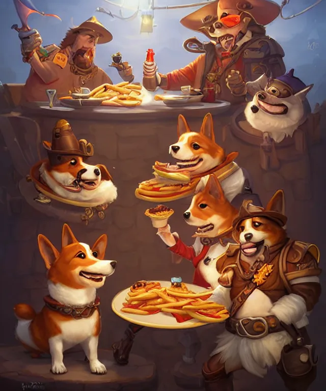 Image similar to a portrait of three anthropomorphic corgi pirates eating hamburgers and fries, restaurant in background, cute and adorable, dnd character art portrait, well rendered matte fantasy painting, deviantart artstation, by jason felix by steve argyle by tyler jacobson by peter mohrbacher, cinematic lighting