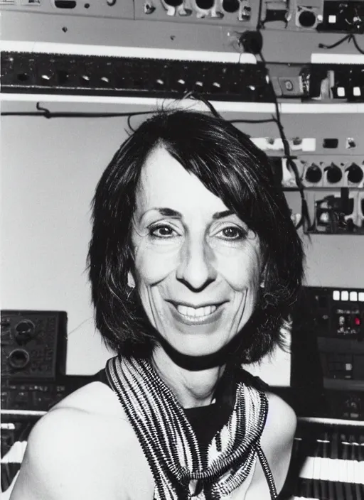 Prompt: Suzanne Ciani wearing a dress made out of synthesizer cables designed by Julius