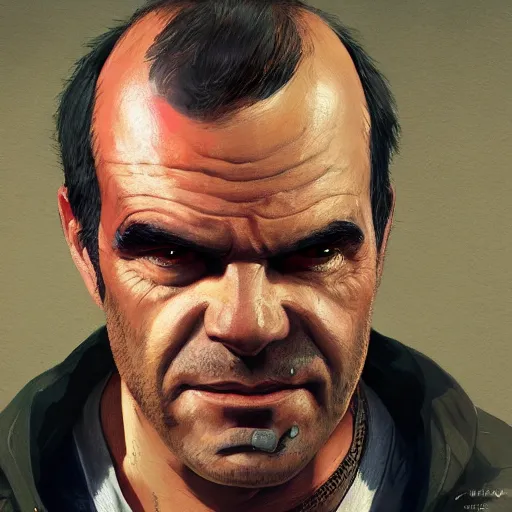 Image similar to commission portrait of trevor philips from the game gta v,character design by charles bowater,greg rutkowski,ross tran,hyperdetailed,hyperrealistic,4k,deviantart,artstation,professional photography,concept art