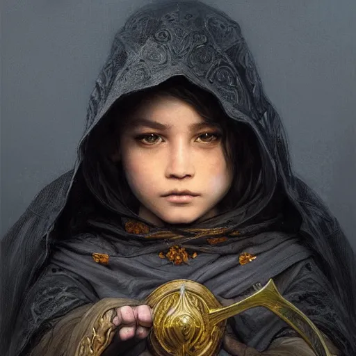 Image similar to perfectly - centered - portrait of a kid wearing black cloak holding wooden sword, intricate, highly detailed, digital painting, artstation, concept art, smooth, sharp focus, illustration, unreal engine 5, 8 k, art by artgerm and greg rutkowski and alphonse mucha