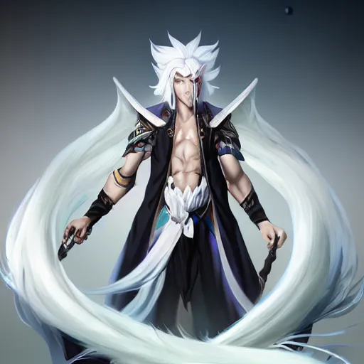 Prompt: white haired parted down the middle, black sclera white pupil, hakama wearing effeminate beautiful asian man, league of legends style, splash art, highly detailed, vray, trending on artstation