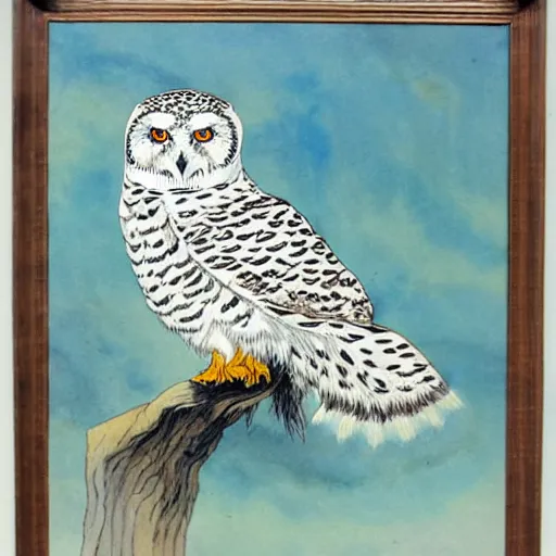 Prompt: snowy owl crossed with a snow leopard to make a gryphon, Louis William Wain watercolor,