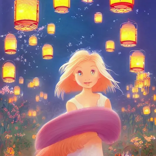 Prompt: a beautiful blonde girl with hair blowing in the wind, in a garden of lanterns and fireflies, children's book illustration by trina schart hyman, don bluth, hayao miyazaki, and ross tran
