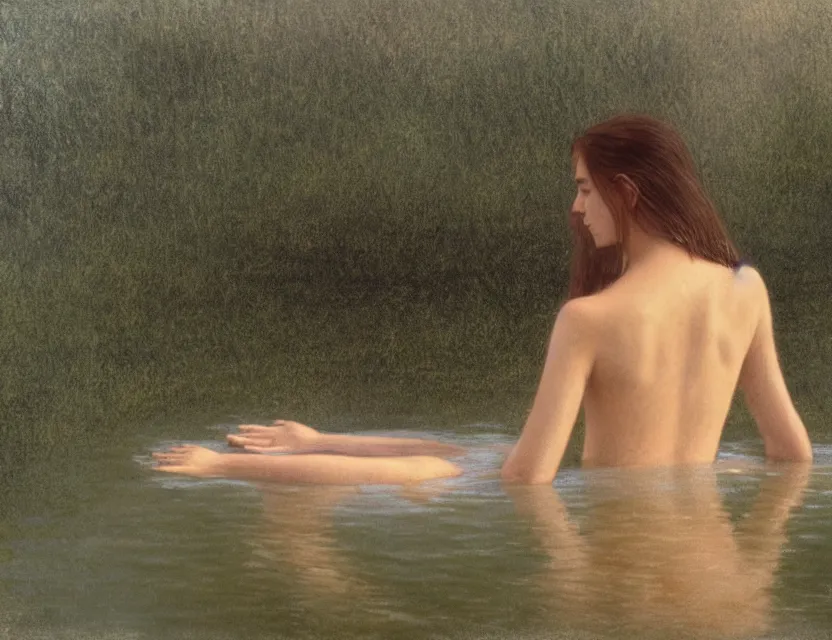 Image similar to peasant with wet hair taking a bath in a lake, back view, cottage core, cinematic focus, polaroid photo bleached vintage pastel colors high - key lighting, soft lights, foggy, by steve hanks, by lisa yuskavage, by serov valentin, by tarkovsky, 8 k render, detailed, oil on canvas