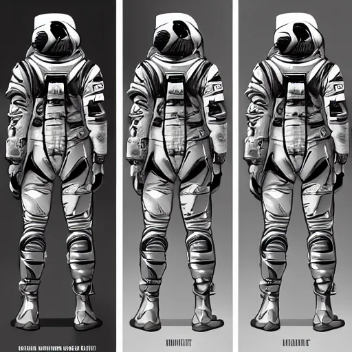 Image similar to Front, side and back character view of Astronaut from Kojima Productions by Donato Giancola, trending on Artstation concept arts