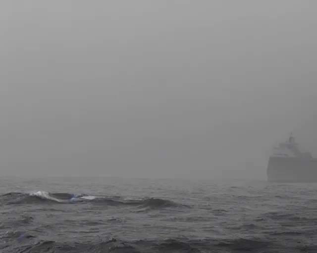 Prompt: photo of a big ship on a stormy ocean, cthulhu's silhouette in the back hidden in the fog, coming closer