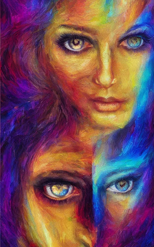 Image similar to iridescent spirit of desire and fear cruel beautiful spirit (androgynous) with golden eyes, award winning oil painting, chromatic aberration