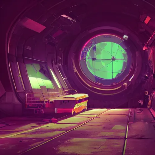 Image similar to arriving on a derelict space station, ominous, epic, wonderfully colorful, escape pod, screen, ink lines, accurate, weird, neon ink, clean, minimal, 8k, octane render