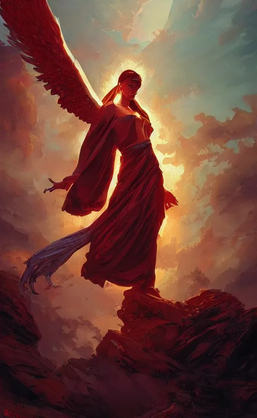 Prompt: a beautiful artwork illustration, biblically accurate angel, high contrast, high contrast, high contrast, vibrant colors, vivid colors, high saturation, by Greg Rutkowski and Jesper Ejsing and Raymond Swanland, featured on artstation, wide angle, vertical orientation