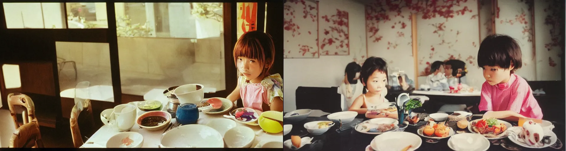 Prompt: 90's Japanese Professional Color Photography, Nikon, A girl in the dining room. Summer