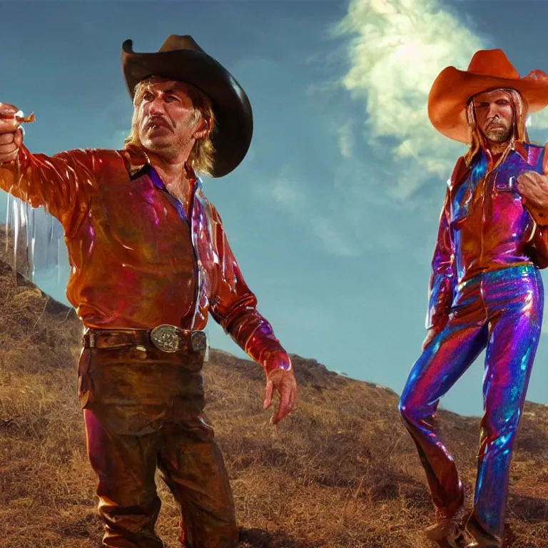 Image similar to 1 9 7 0's spaghetti western film octane render portrait by wayne barlow and carlo crivelli and glenn fabry, a person wearing a shiny colorful iridescent latex suit and cowboy hat covered in colorful slime, standing in a colorful scenic western landscape with multicolored clouds, cinema 4 d, ray traced lighting, very short depth of field, bokeh