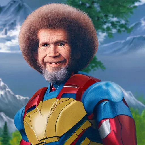 Image similar to a closeup photorealistic photograph of bob ross with a paintbrush, diligently finishing a canvas painting of iron man. mountains and trees. film still. brightly lit scene. this 4 k hd image is trending on artstation, featured on behance, well - rendered, extra crisp, features intricate detail, epic composition and the style of unreal engine.