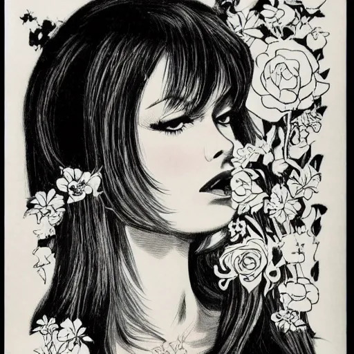 Image similar to 1 9 6 0 s drawingsymmetrical pretty elegant brigitte bardot as a vampire kissing alain delon, very detailed intricate intaglio, style of takato yamamoto, lots of flowers