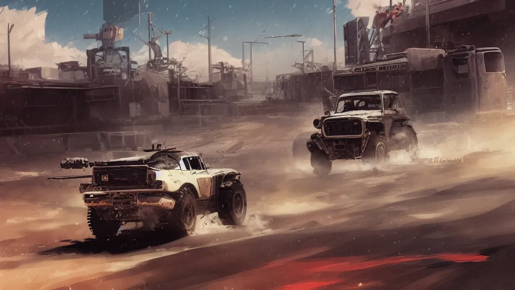 Image similar to digital illustration of mad max's fj 4 0 pursuit special, the last v 8 interceptor driving down a deserted cyberpunk highway in the middle of the day by studio ghibli, anime style, by makoto shinkai, ilya kuvshinov, lois van baarle, rossdraws, basquiat