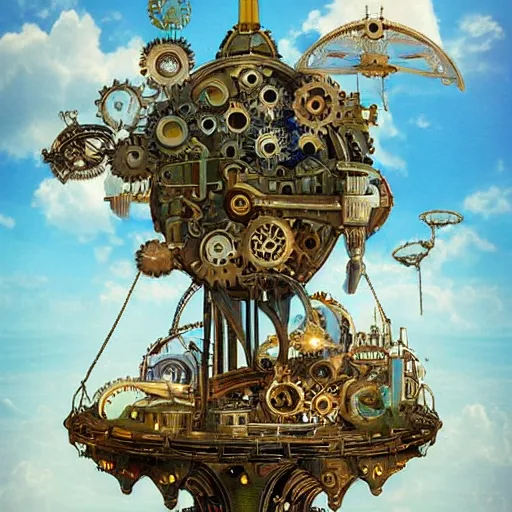 Image similar to flying city in a mechanical flower, flying city in a mechanical flower, detailed, sky, fantasy art, steampunk, masterpiece