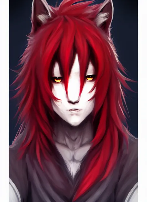 Image similar to character concept art of a black anthropomorphic furry male wolf long red hair | | cute - fine - face, pretty face, key visual, realistic shaded perfect face, fine details by stanley artgerm lau, wlop, rossdraws, james jean, andrei riabovitchev, marc simonetti, and sakimichan, trending on artstation