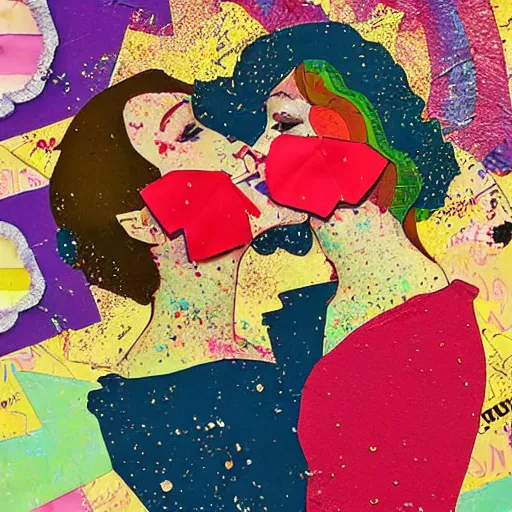 Image similar to two women kissing at a carnival, mixed media collage, retro, paper collage, magazine collage, acrylic paint splatters, retro psychedelia,