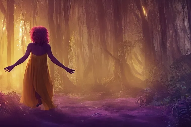 Prompt: A hyper realistic movie still of young woman in a yellow dress as a sorcerer dancing in with spirits in a mystical forest of an exotic world, by Chiara Bautisya, annihilation movie, blade runner movie, in style of Laurie Greasley, Jen Bartel, Background by Tarmo Juhola, kowloon, cinematography Roger Deakins,